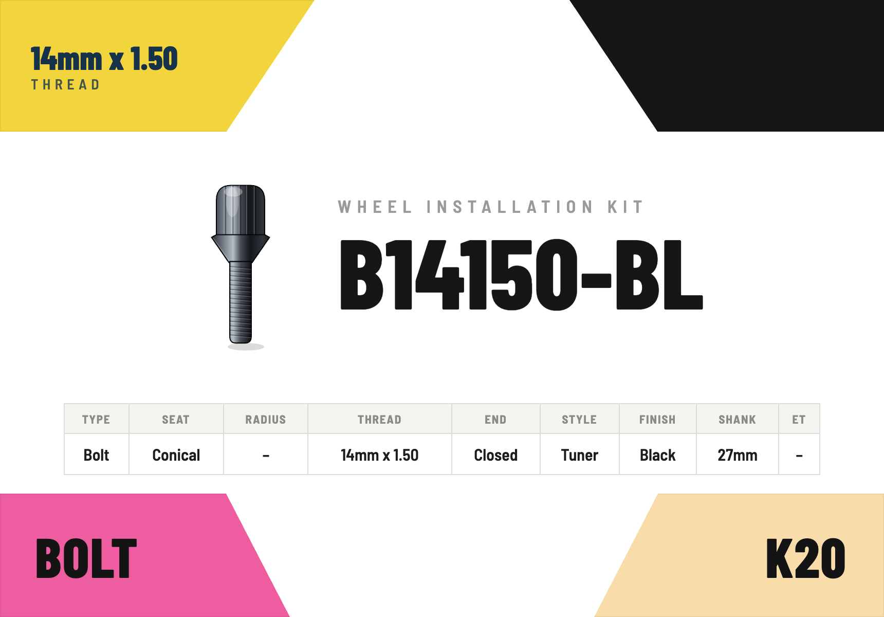 Lug Bolts — 14mm × 1.50 Conical · Tuner · Black · 27mm shank · Kit of 20
