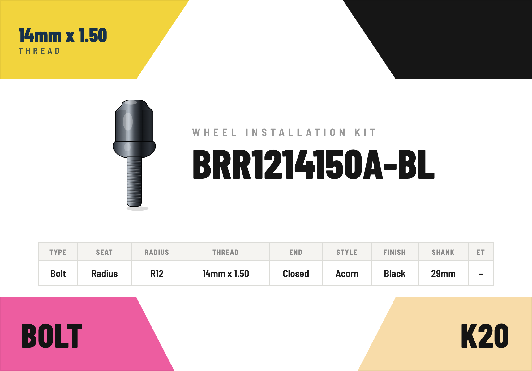 Lug Bolts — 14mm × 1.50 Radius R12 · Acorn · Black · 29mm shank · Kit of 20