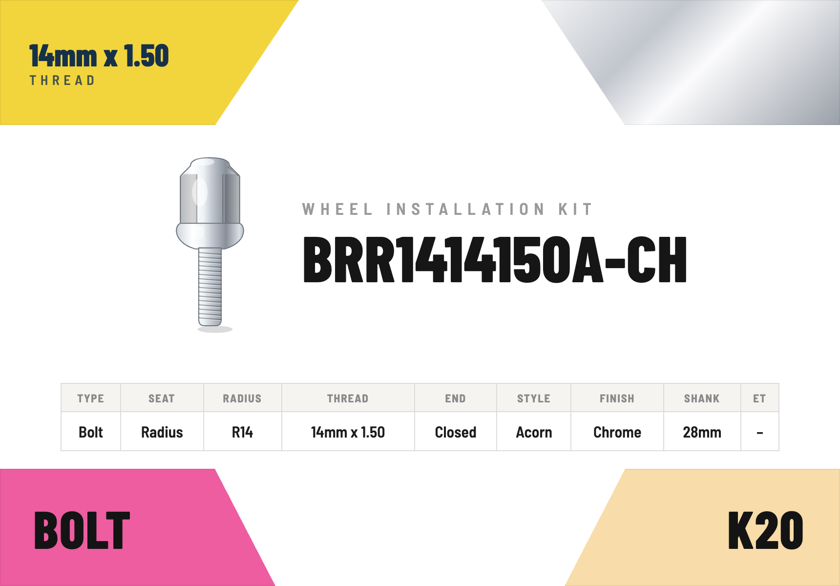 Lug Bolts — 14mm × 1.50 Radius R14 · Acorn · Chrome · 28mm shank · Kit of 20