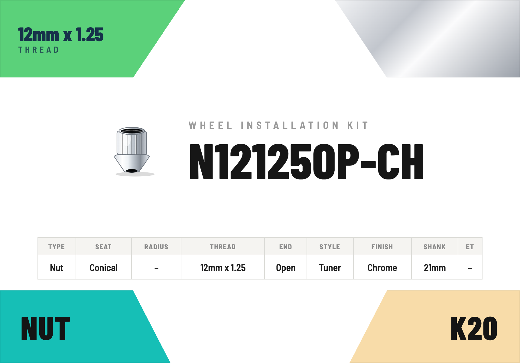 Lug Nuts — 12mm × 1.25 Conical · Tuner · Chrome · Open End · 21mm shank · Kit of 20