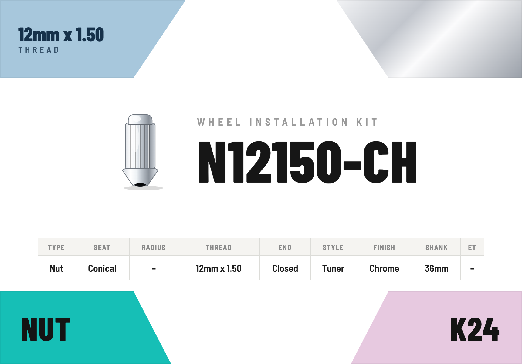 Lug Nuts — 12mm × 1.50 Conical · Tuner · Chrome · 36mm shank · Kit of 24