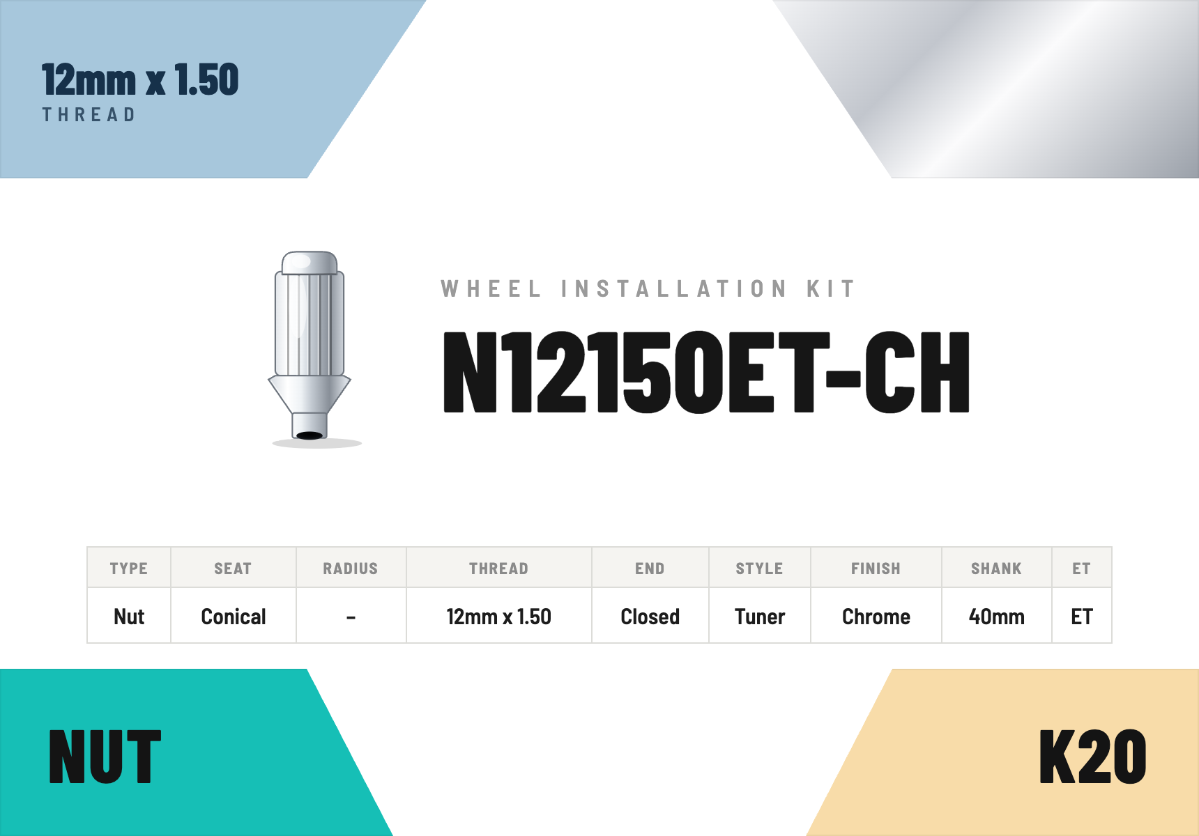 Lug Nuts — 12mm × 1.50 Conical · Tuner · Chrome · Extended Thread 40mm · Kit of 20