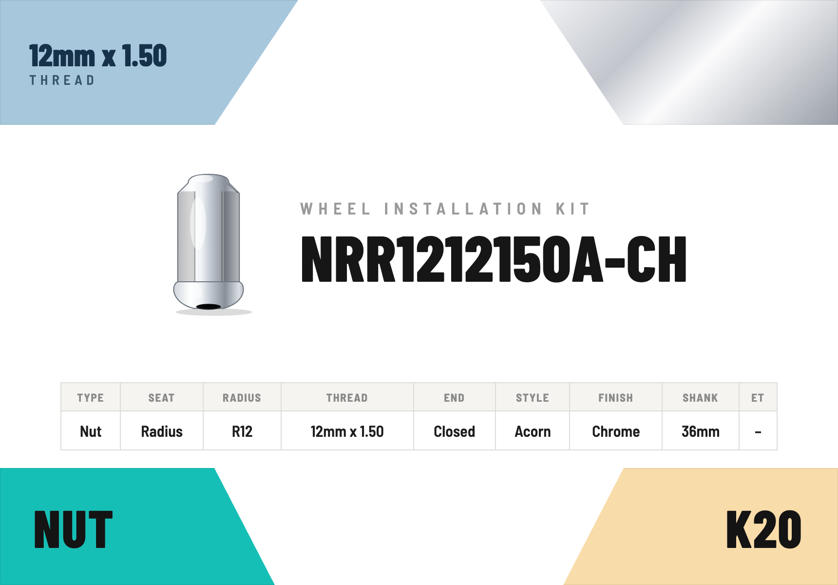 Lug Nuts — 12mm × 1.50 Radius R12 · Acorn · Chrome · 36mm shank · Kit of 20