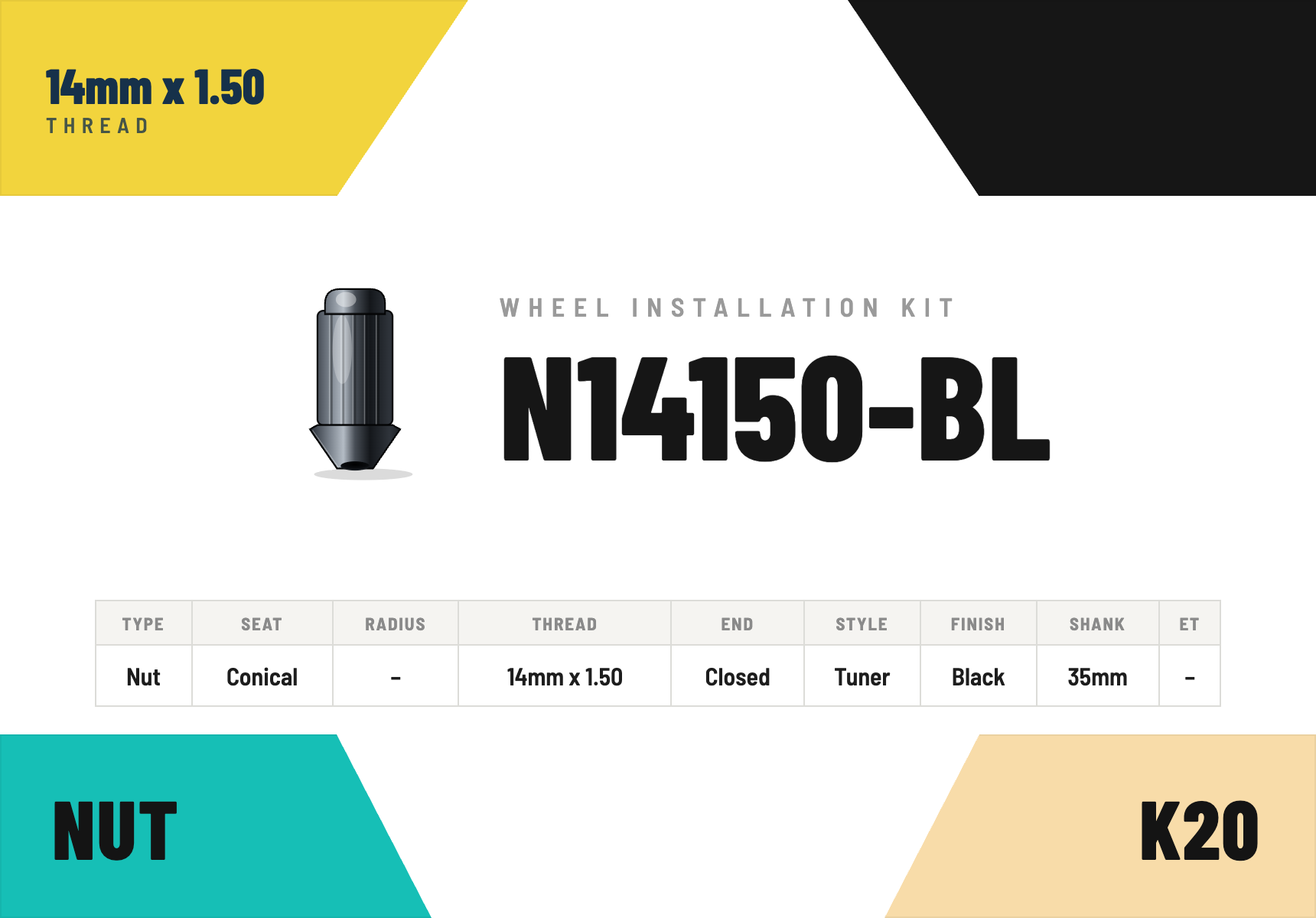 Lug Nuts — 14mm × 1.50 Conical · Tuner · Black · 35mm shank · Kit of 20