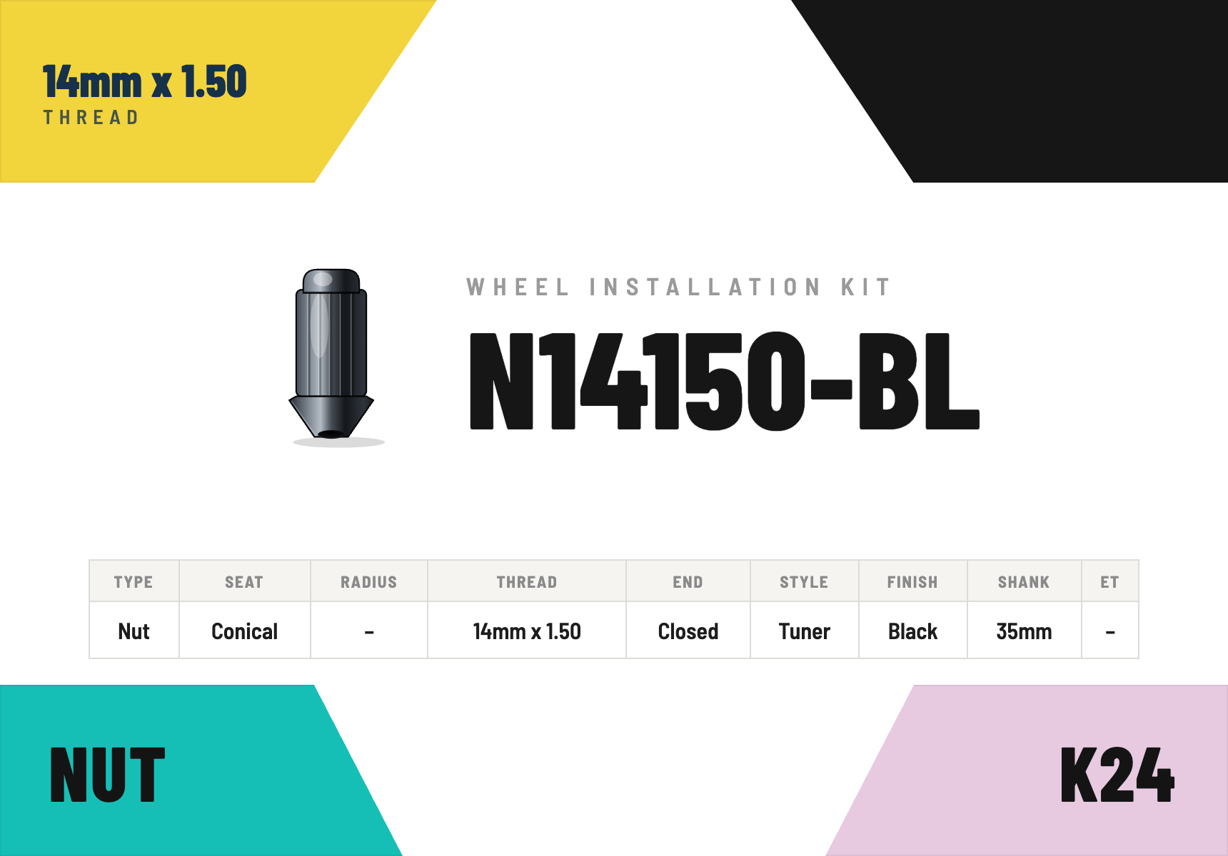 Lug Nuts — 14mm × 1.50 Conical · Tuner · Black · 35mm shank · Kit of 24