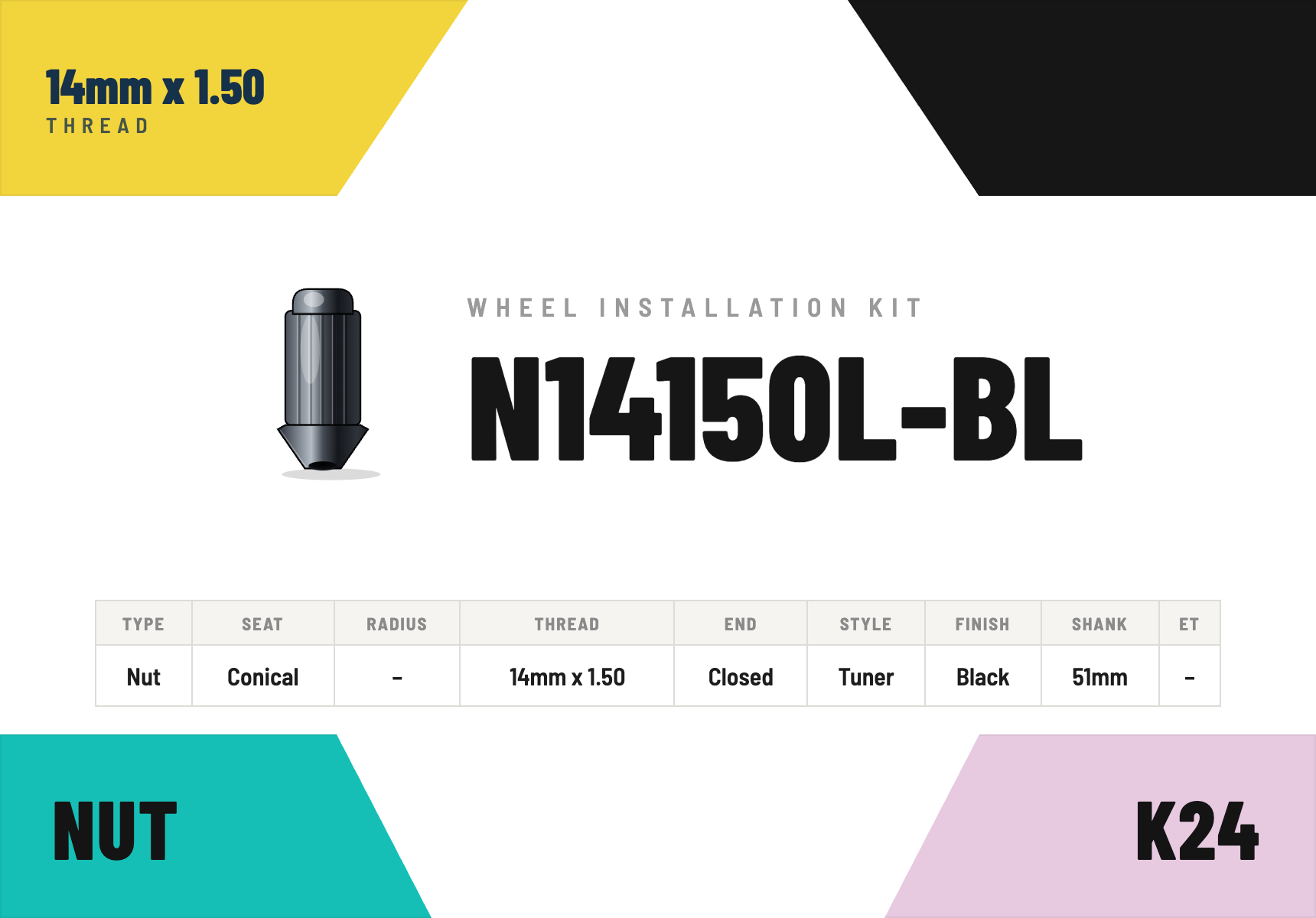 Lug Nuts — 14mm × 1.50 Conical · Tuner · Black · 51mm shank · Kit of 24