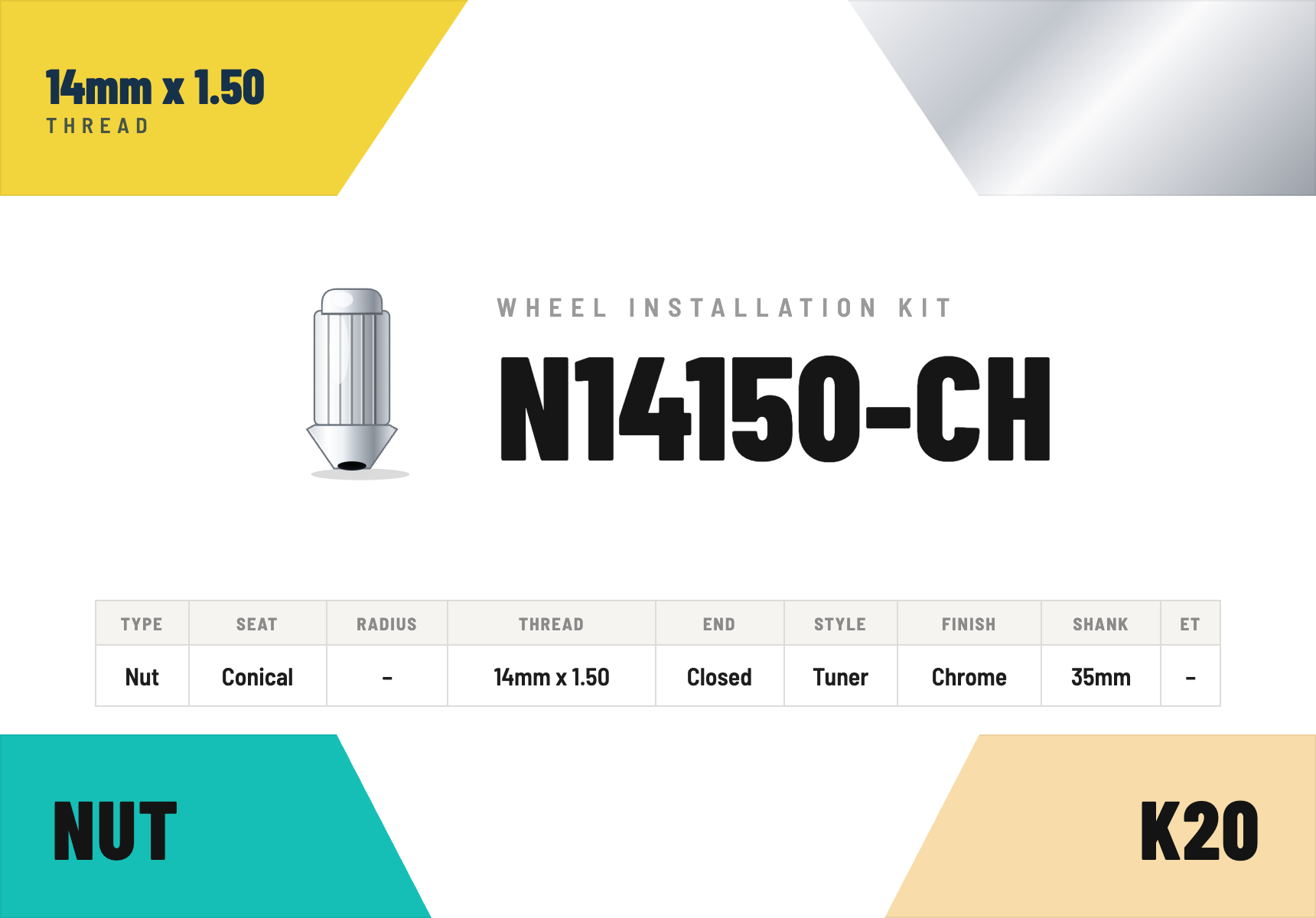 Lug Nuts — 14mm × 1.50 Conical · Tuner · Chrome · 35mm shank · Kit of 20