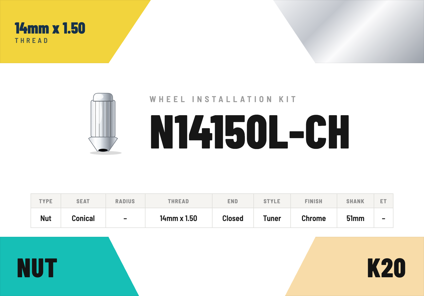 Lug Nuts — 14mm × 1.50 Conical · Tuner · Chrome · 51mm shank · Kit of 20
