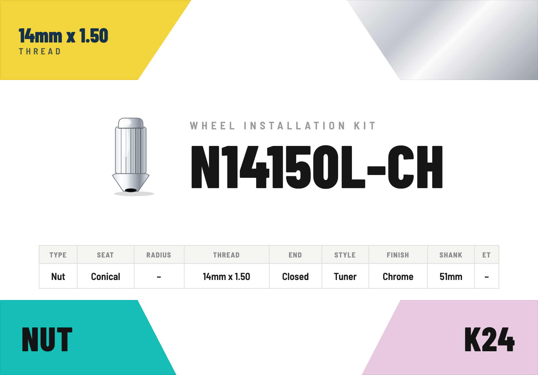 Lug Nuts — 14mm × 1.50 Conical · Tuner · Chrome · 51mm shank · Kit of 24
