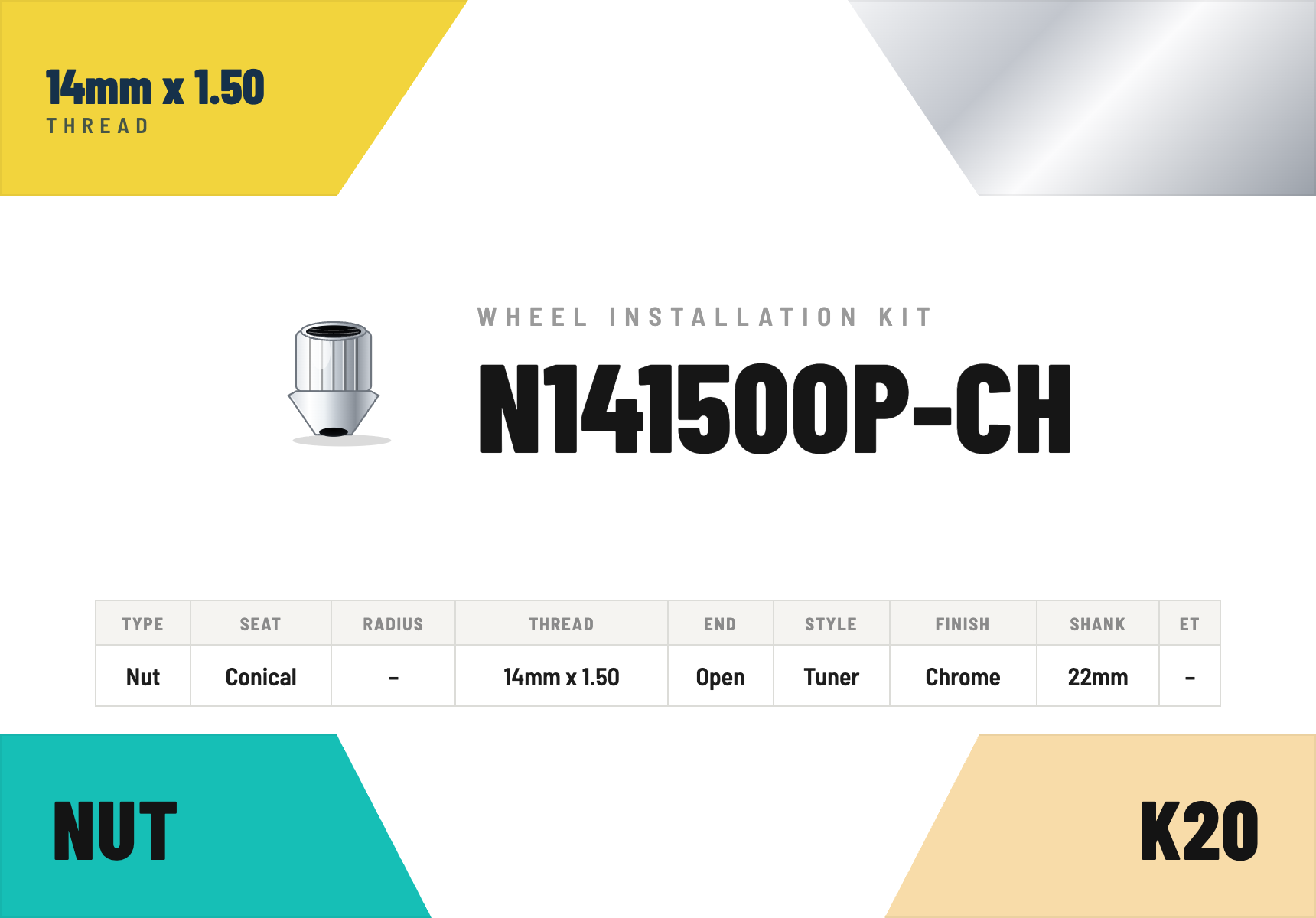 Lug Nuts — 14mm × 1.50 Conical · Tuner · Chrome · Open End · 22mm shank · Kit of 20