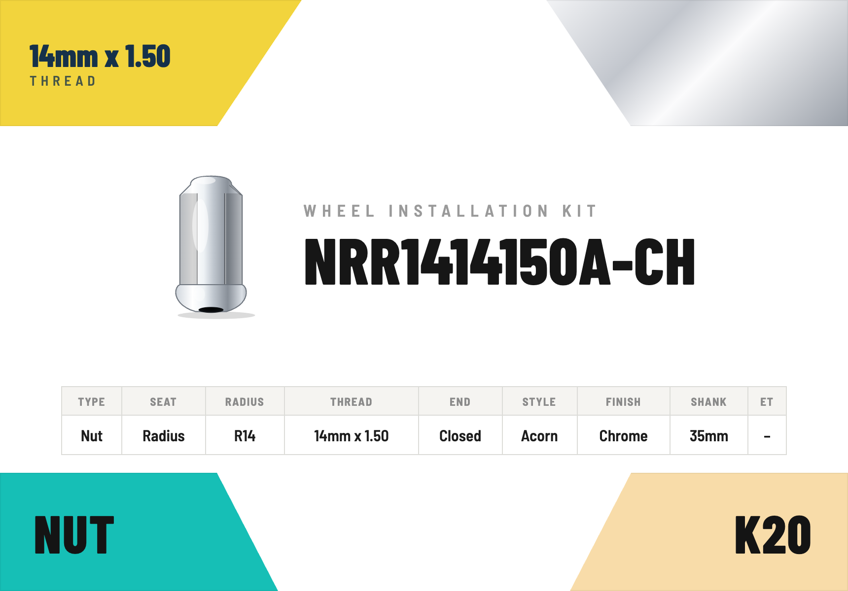 Lug Nuts — 14mm × 1.50 Radius R14 · Acorn · Chrome · 35mm shank · Kit of 20