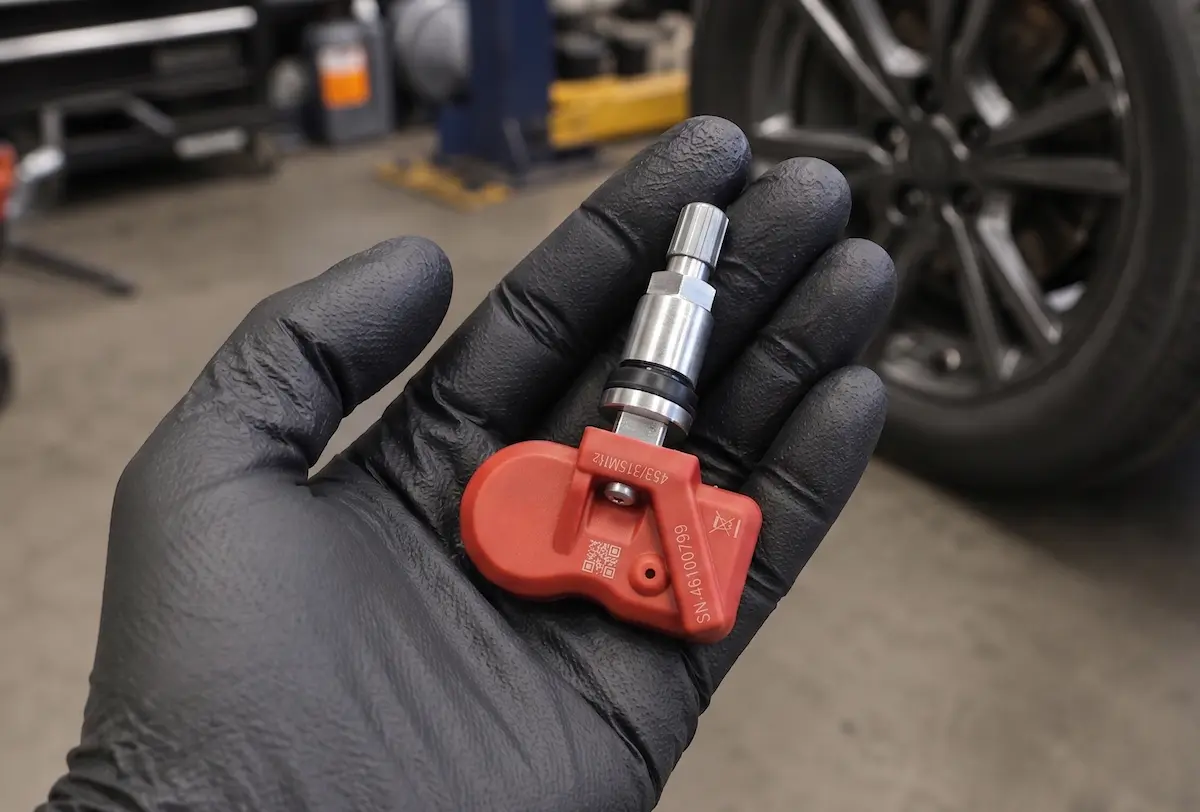 VNOX universal TPMS sensor held in a gloved hand